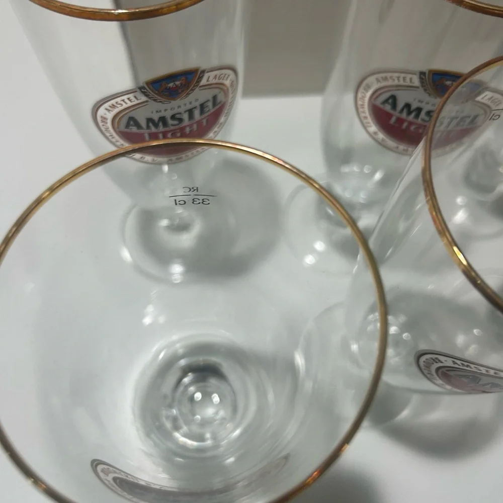 Brand New in Box Lot of 6–Amstel Light Stemmed Gold Trim Beer Glass 33CL